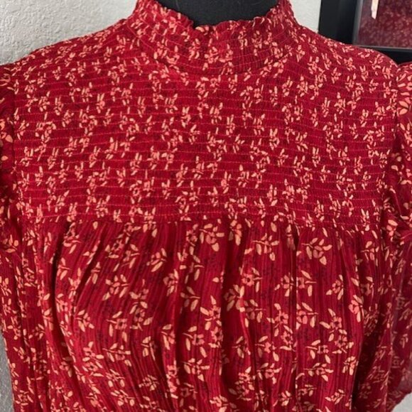 FREE PEOPLE Red Berry Roma Boho Floral Smocked Long Sleeve Blouse XS - Picture 10 of 16